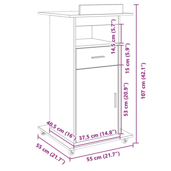 Rednerpult mit Rollen & Schublade Braun Eiche-Optik 55x55x107cm