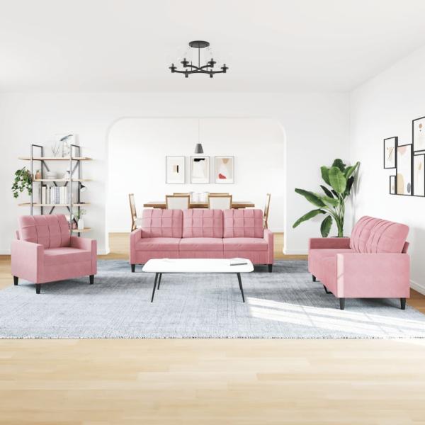 3-tlg. Sofagarnitur mit Kissen und Nackenrollen Rosa Samt