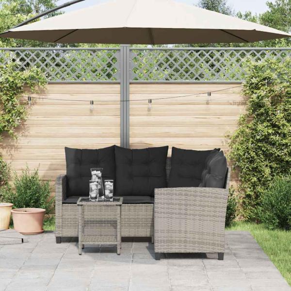 Gartensofa in L-Form mit Tisch und Kissen Grau Poly Rattan