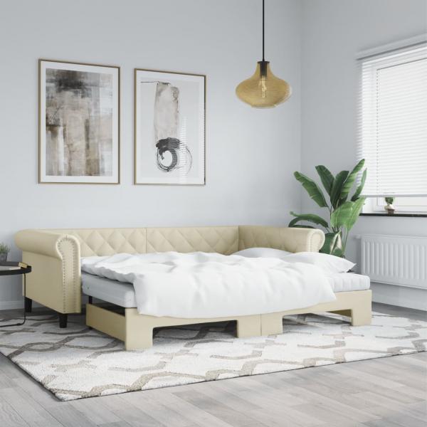 ARDEBO.de - Tagesbett Ausziehbar mit Matratzen Creme 90x200 cm Kunstleder