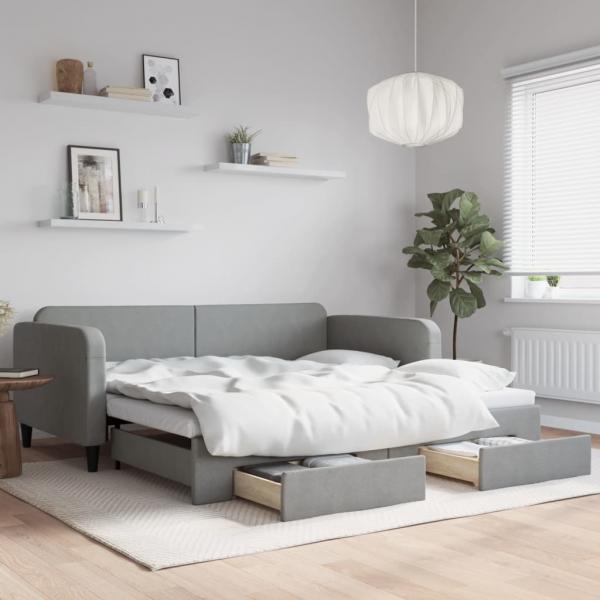 ARDEBO.de - Tagesbett Ausziehbar mit Schubladen Hellgrau 100x200 cm Stoff