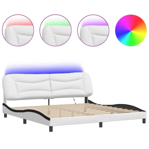 Bettgestell mit LED Weiß und Schwarz 200x200 cm Kunstleder