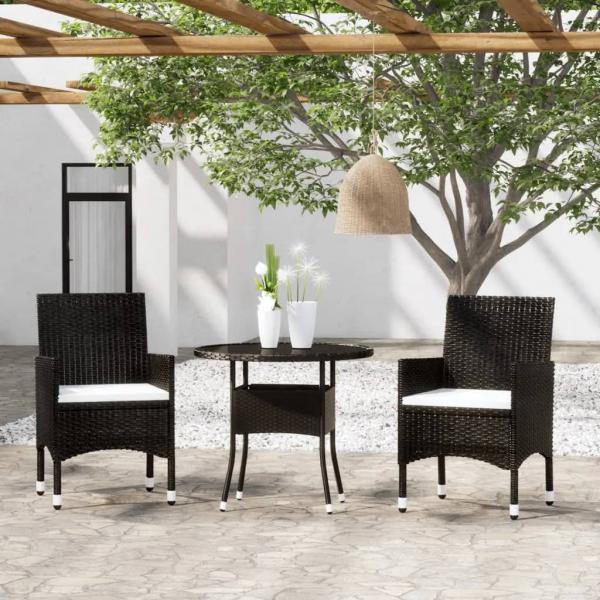ARDEBO.de - 3-tlg. Bistro-Set Poly-Rattan und Hartglas Schwarz