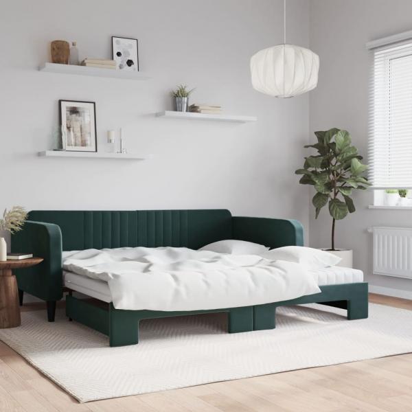 ARDEBO.de - Tagesbett Ausziehbar mit Matratzen Dunkelgrün 100x200 cm Samt