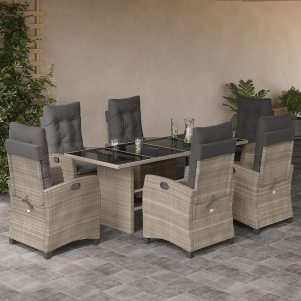 ARDEBO.de - 7-tlg. Garten-Essgruppe mit Kissen Hellgrau Poly Rattan