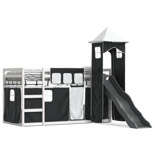 ARDEBO.de - Etagenbett mit Rutsche und Gardinen Weiß und Schwarz 90x200 cm