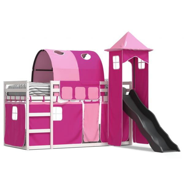 ARDEBO.de - Etagenbett mit Rutsche und Gardinen Rosa 90x200 cm