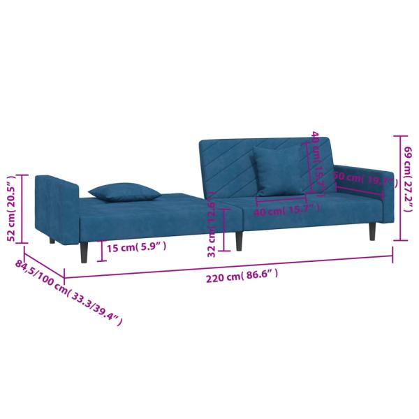 ARDEBO.de - Schlafsofa 2-Sitzer mit 2 Kissen Blau Samt