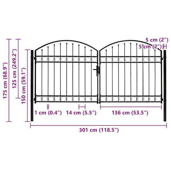 Zauntor Doppelflügel Gewölbte Spitze Stahl 300 x 125 cm Schwarz