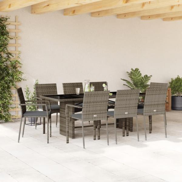 ARDEBO.de - 9-tlg. Garten-Essgruppe mit Kissen Grau Poly Rattan