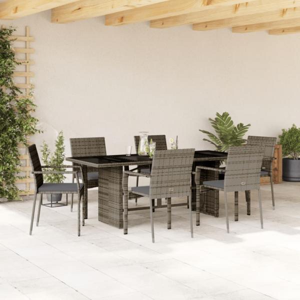ARDEBO.de - 7-tlg. Garten-Essgruppe mit Kissen Grau Poly Rattan
