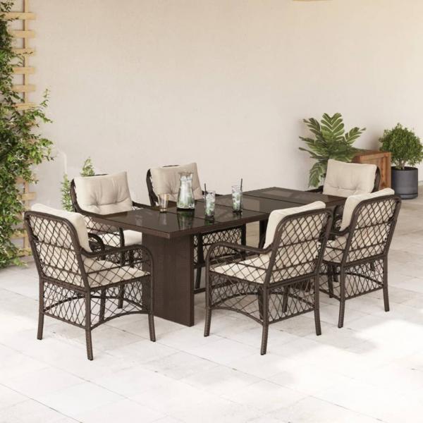 ARDEBO.de - 7-tlg. Garten-Essgruppe mit Kissen Braun Poly Rattan