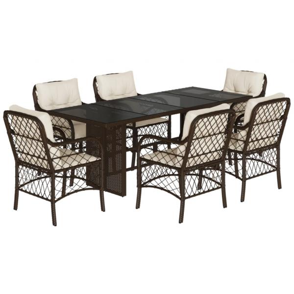 7-tlg. Garten-Essgruppe mit Kissen Braun Poly Rattan