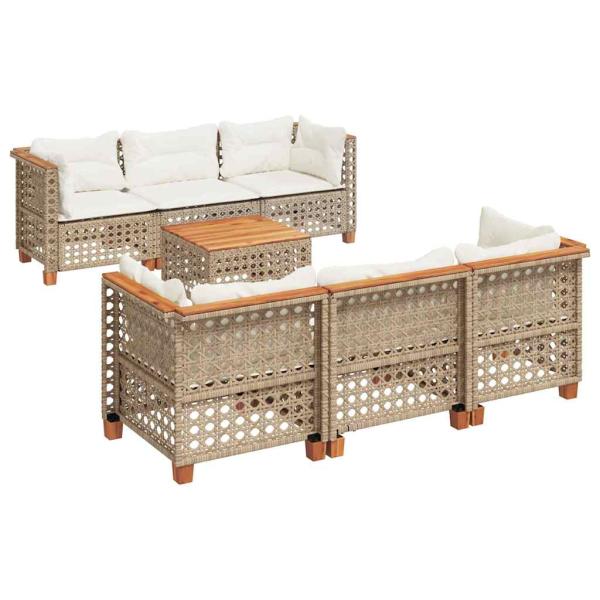 7-tlg. Garten-Sofagarnitur mit Kissen Beige Poly Rattan