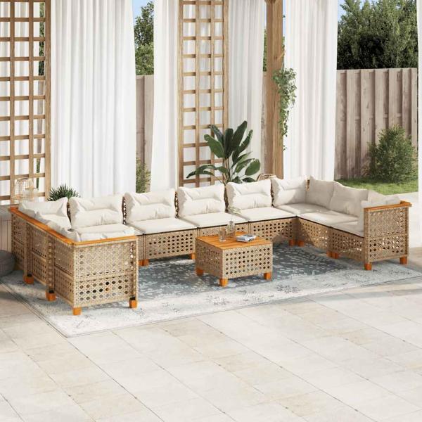 ARDEBO.de - 11-tlg. Garten-Sofagarnitur mit Kissen Beige Poly Rattan