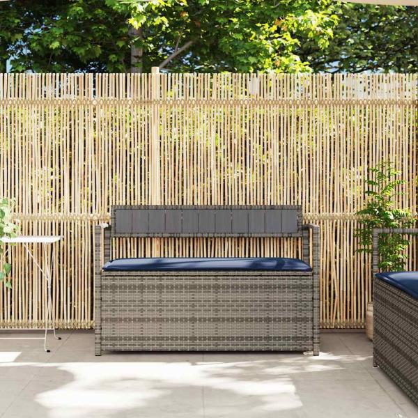 Gartenbank mit Stauraum und Kissen Grau Poly Rattan