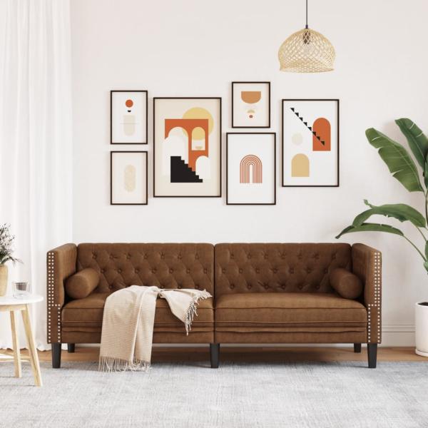 Chesterfield-Sofa 3-Sitzer Braun Kunstleder in Wildleder-Optik