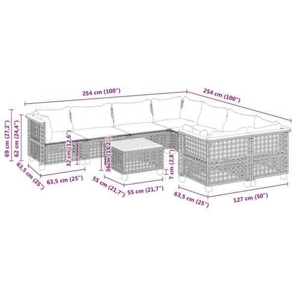 9-tlg. Garten-Sofagarnitur mit Kissen Beige Poly Rattan
