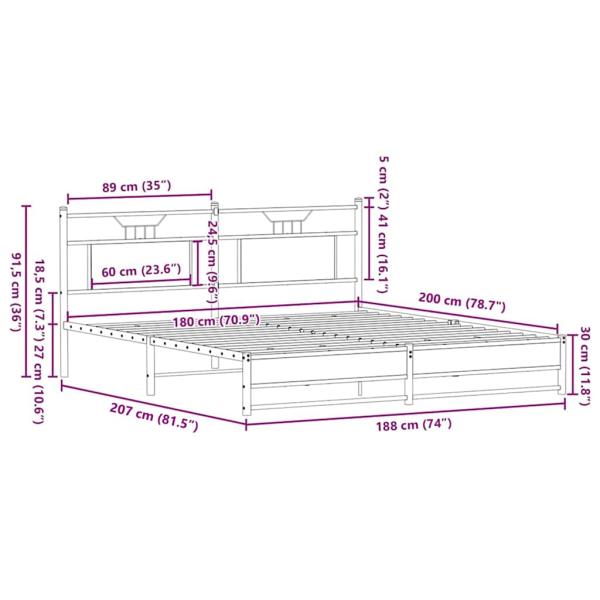 Metallbett ohne Matratze Braun Eichen-Optik 180x200 cm