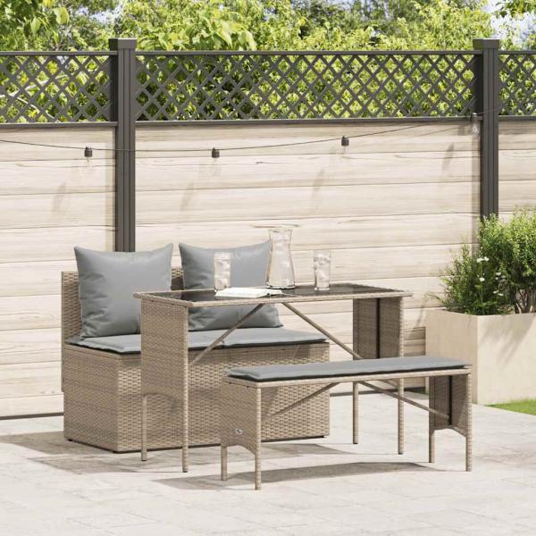 ARDEBO.de - 3-tlg. Garten-Essgruppe mit Kissen Beige Poly Rattan