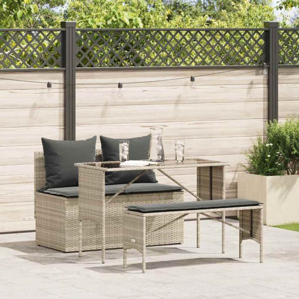 ARDEBO.de - 3-tlg. Garten-Essgruppe mit Kissen Hellgrau Poly Rattan