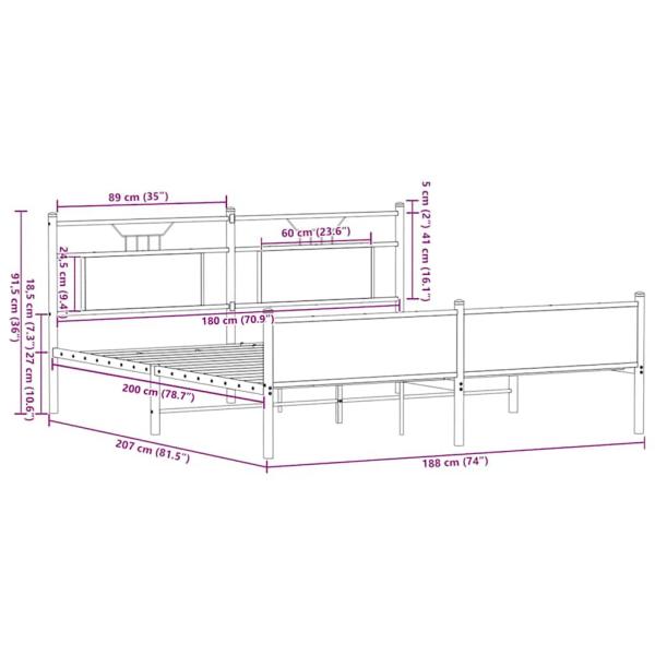 Metallbett ohne Matratze Braun Eichen-Optik 180x200 cm