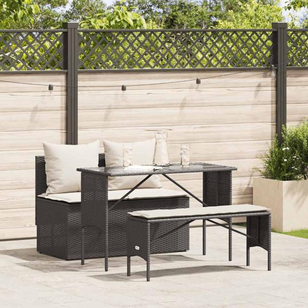 ARDEBO.de - 3-tlg. Garten-Essgruppe mit Kissen Schwarz Poly Rattan