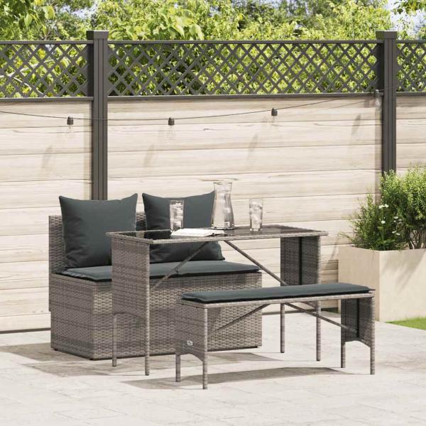 ARDEBO.de - 3-tlg. Garten-Essgruppe mit Kissen Grau Poly Rattan