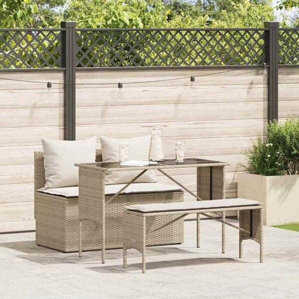 ARDEBO.de - 3-tlg. Garten-Essgruppe mit Kissen Beige Poly Rattan