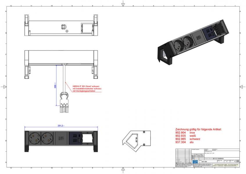 Bachmann DESK2 Steckdoseneinheit, 2xCEE7/3, 2xUSB, 0,2m, aluminium (902.935)