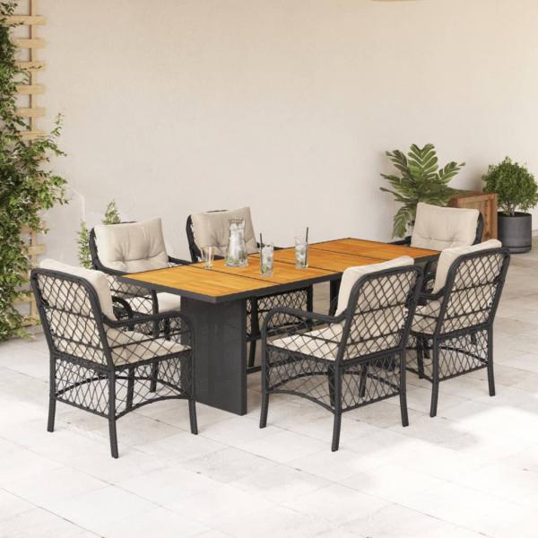 ARDEBO.de - 7-tlg. Garten-Essgruppe mit Kissen Schwarz Poly Rattan