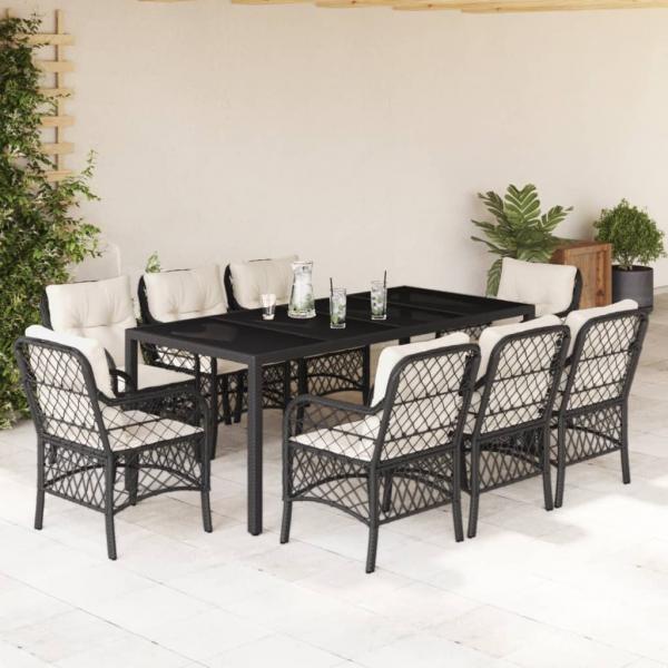 ARDEBO.de - 9-tlg. Garten-Essgruppe mit Kissen Schwarz Poly Rattan