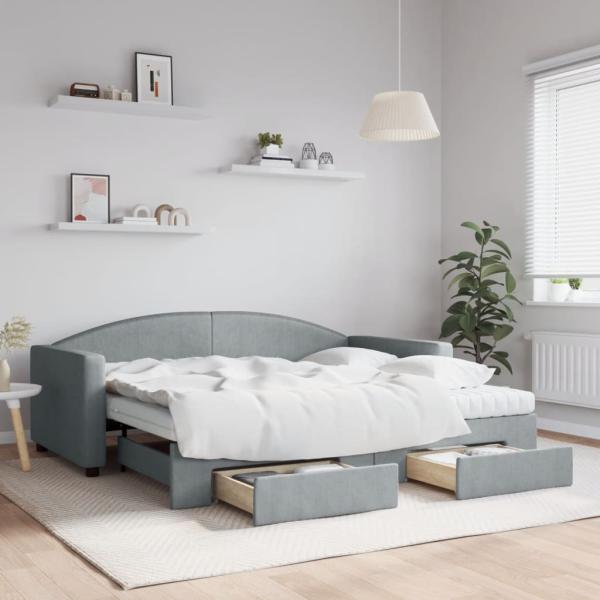 ARDEBO.de - Tagesbett Ausziehbar mit Schubladen Hellgrau 90x190 cm Stoff