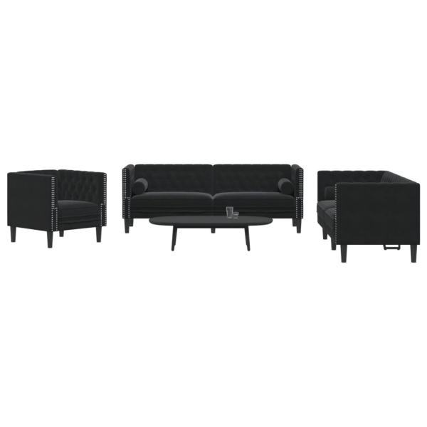 ARDEBO.de - 3-tlg. Chesterfield-Sofa-Set mit Nackenrollen Schwarz Samt