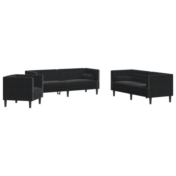 3-tlg. Chesterfield-Sofa-Set mit Nackenrollen Schwarz Samt