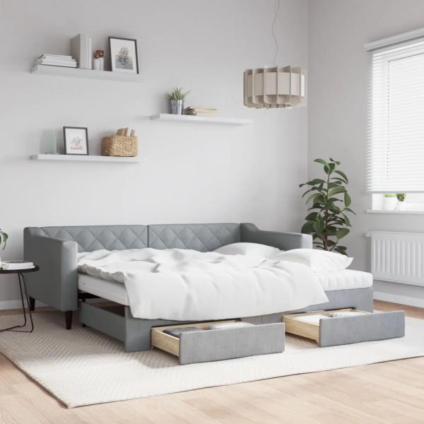 ARDEBO.de - Tagesbett Ausziehbar mit Schubladen Hellgrau 90x190 cm Stoff
