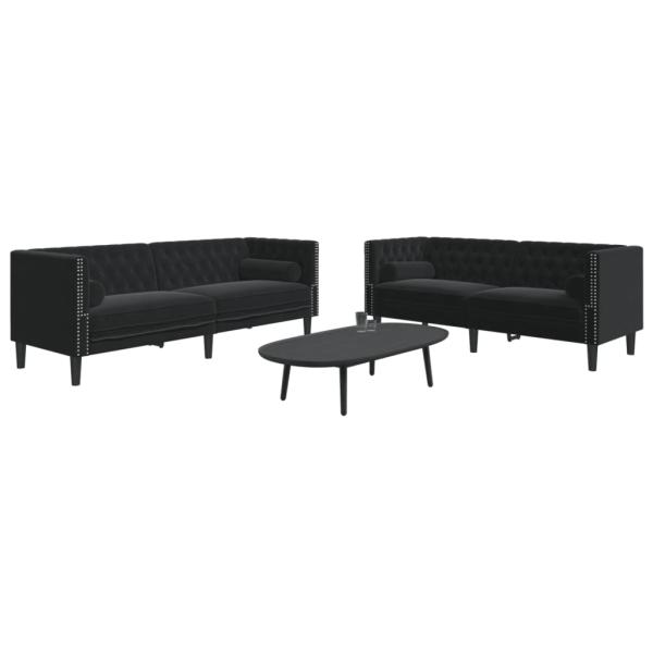 ARDEBO.de - 2-tlg. Chesterfield-Sofa-Set mit Nackenrollen Schwarz Samt