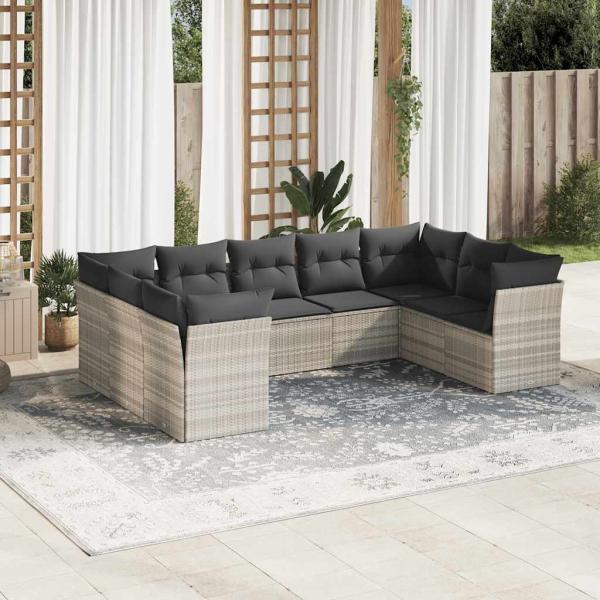 ARDEBO.de - 9-tlg. Garten-Sofagarnitur mit Kissen Hellgrau Poly Rattan