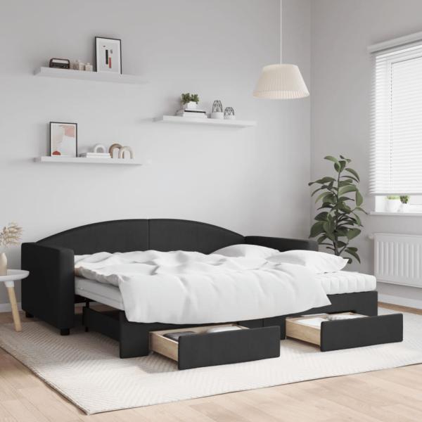ARDEBO.de - Tagesbett Ausziehbar mit Schubladen Schwarz 90x190 cm Stoff