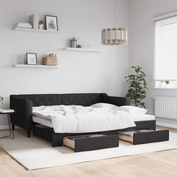 ARDEBO.de - Tagesbett Ausziehbar mit Schubladen Schwarz 90x190 cm Stoff