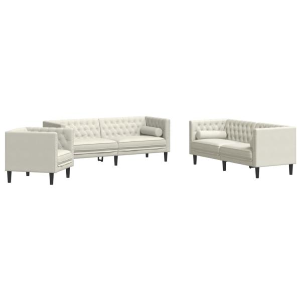 3-tlg. Chesterfield-Sofa-Set mit Nackenrollen Creme Samt