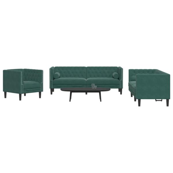 ARDEBO.de - 3-tlg. Chesterfield-Sofa-Set mit Nackenrollen Dunkelgrün Samt