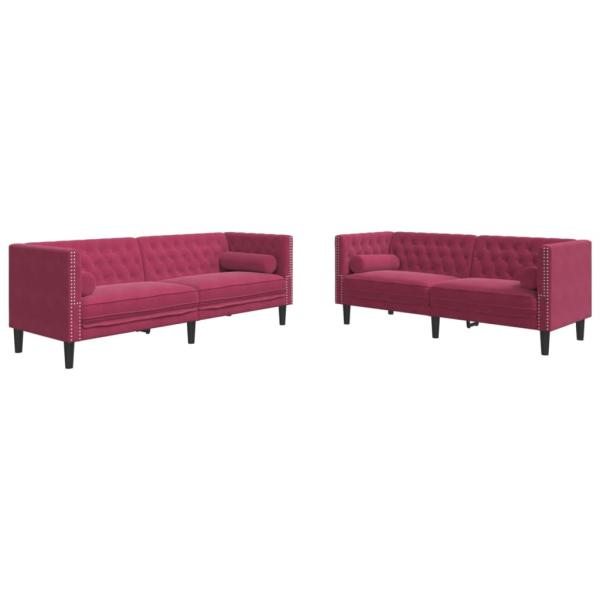2-tlg. Chesterfield-Sofa-Set mit Nackenrollen Rot Samt