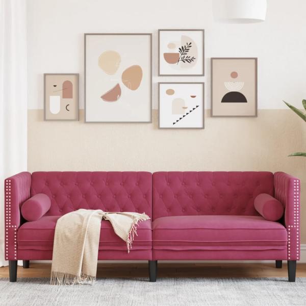 ARDEBO.de - Chesterfield-Sofa mit Nackenrollen 3-Sitzer Weinrot Samt