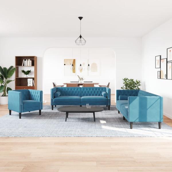 3-tlg. Chesterfield-Sofa-Set mit Nackenrollen Blau Samt