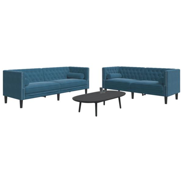 ARDEBO.de - 2-tlg. Chesterfield-Sofa-Set mit Nackenrollen Blau Samt