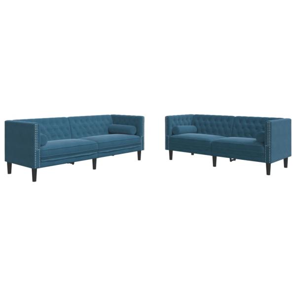 2-tlg. Chesterfield-Sofa-Set mit Nackenrollen Blau Samt