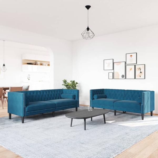 2-tlg. Chesterfield-Sofa-Set mit Nackenrollen Blau Samt