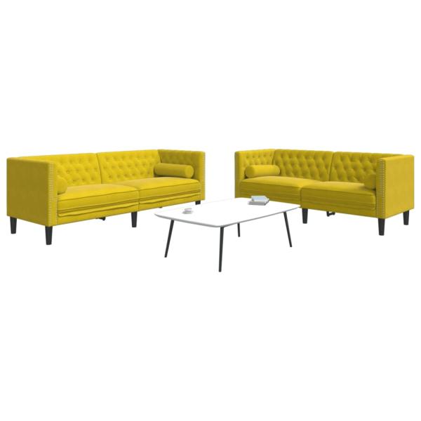 ARDEBO.de - 2-tlg. Chesterfield-Sofa-Set mit Nackenrollen Gelb Samt