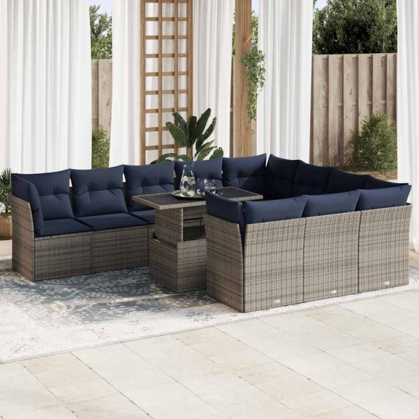 ARDEBO.de - 11-tlg. Garten-Sofagarnitur mit Kissen Grau Poly Rattan Akazie